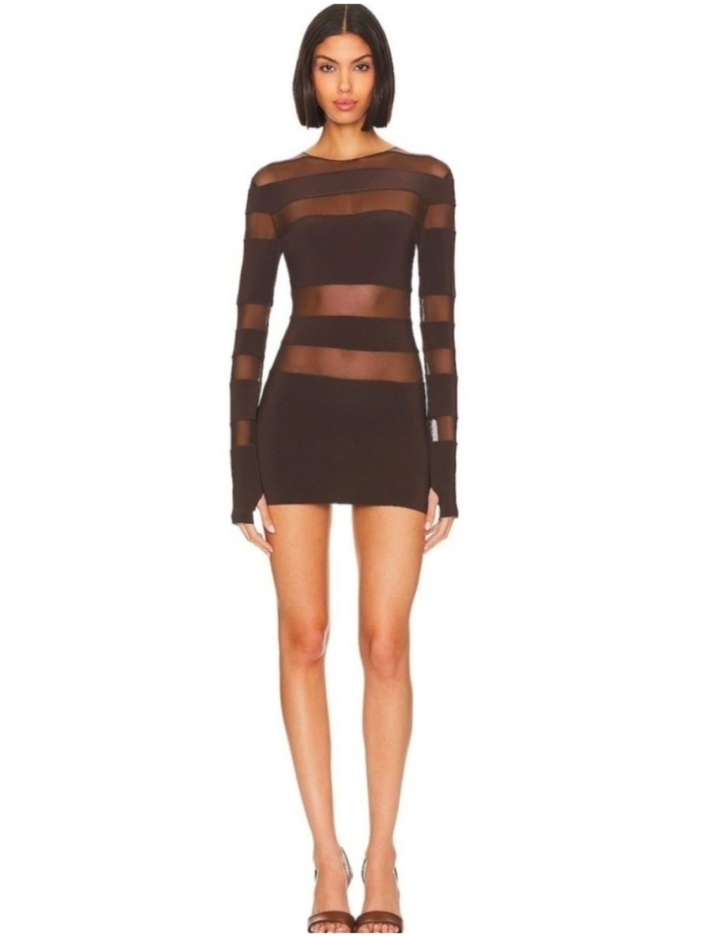 Norma Kamali Spliced Long Sleeve Pickleball Dress in Chocolate Mesh